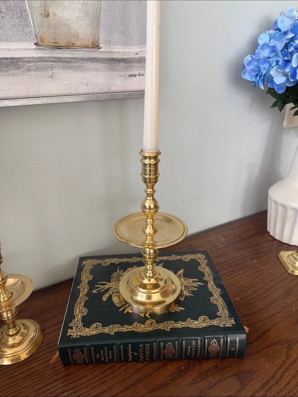 Vintage Brass Candlestick Holder with Circular Drip Tray  and Stepped Bell Base